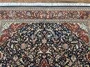 Indo Persian Rug 8x10, Floral Medallion, Vintage Handmade Wool Carpet, Navy Blue and Red, Fine 300 KPSI