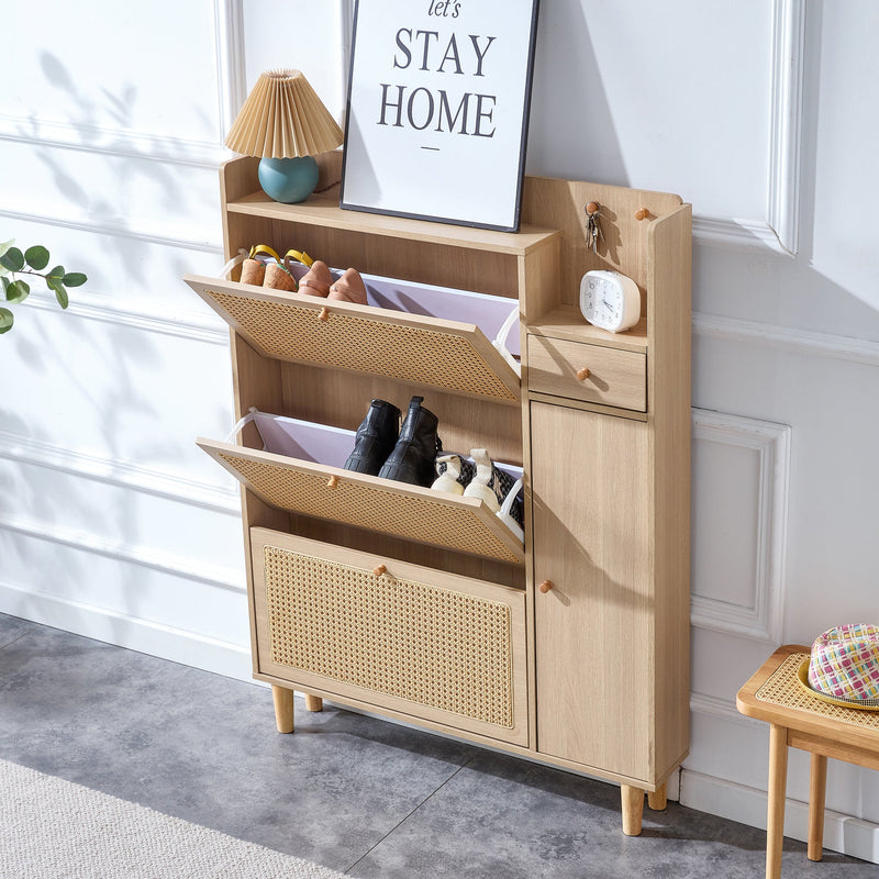 Walker Edison | Rattan Minimalist Entryway Storage Shoe Cabinet