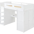 Twin Size Loft Bed with Desk, Wardrobes, 4 Drawers and 4 Shelves-White