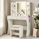 Vanity Desk Set with Mirror & Adjustable Lights, Power Outlet and Hair Dryer Rack, 2 Drawers and 6 Shelves, Includes Cushioned Stool, White MDF