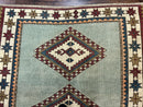 Turkish Kazak Rug 4x6, Geometric Medallion, Caucasian Design Rug, Semi Antique Vintage, Mint Green Maroon Ivory