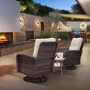 Two Outdoor Swivel Wicker Glider Patio Chairs With Table Set Brown Rattan And Beige Cushions