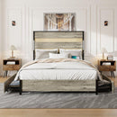 Queen Size Bed Frame with Headboard and 4 Storage Drawers, Queen Bed Frame with Charging Station and LED Lights, Wood Slats, Easy Assembly,No Box Spring Needed,Industrial Gray