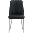 6 modern dining chairs, sleek PU backrest, and silver metal legs bring a comfortable home experience to the kitchen, bedroom, and office.Black PU Chairs with Simple Line Designs On The Backrest.