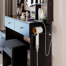 Full Body Mirror Cabinet + Round Mirror LED Vanity Table + Cushioned Stool, With 2 AC + 2 USB Power Station,17' diameter LED Mirror, Touch Control, 3-color, Brightness adjustable, Large Desktop
