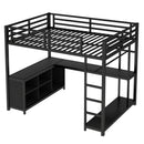 Metal Loft Bed with Wardrobe and L-shaped Desk, Full Size Loft Bed with Storage Cubes and Shelves, Loft Bed for Kids Teens Adults, Black