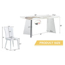 Table and chair set.63'x31.5x30' Luxurious Pandora patterned Sintered Stone Tabletop with Silver Stainless Steel Legs.Paried With 4 White PU Chairs with a vertical stripe design on the backrest.