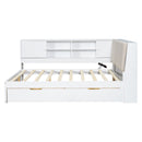 White Wooden Full Size L-shaped Daybed with Storage Bookcase, Upholstered Headboard, USB Charging Ports