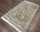 Indian Kashmiri Silk Rug 4x7, Tree of Life Design, Very Fine 380 KPSI, Birds