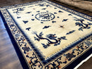 Chinese Dragon Peking Rug 8 x 11.6, Ivory and Blue, Chinese Wool Rug, Vintage