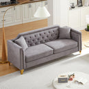81"Mid-century design modern sofa,Chenille Pull Buckle Design Sofa for Living Room,Buttons Tufted With Copper Nail Decoration Armrest, with 2 Pillows,Modern Couch Upholstered Button And Metal Leg