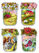 Counted cross stitch kit with plastic canvas "Four seasons jars" set of 4 designs 7698