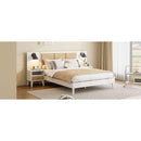 Queen Size Solid Wood Bed Frame with 2 Nightstands, Elegant Design with Lamps, Rattan and Wood Combination,White