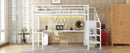 Full Size Loft Bed with L-shaped Desk and USB, Metal Loft Bed with Wardrobe and Adjustable Shelf, High Loft Bed with LED for Kids Teens Adults, White