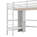 Full Size Loft Bed with Multifunction Shelves and Under-bed Desk, White