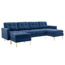 Elegant Convertible L-Shape Sectional Sofa Couch with Movable Ottoman, Velvet Upholstery, Blue