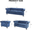 Three Piece Blue Velvet Chesterfield Sofa Set With Club Chair And Loveseat For Living Room