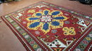 Colorful Moroccan Heriz Rug 6x9, Large Central Medallion, Red Yellow Blue