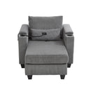 Convertible Chaise Lounge Sofa Chair Corduroy Sleeper with USB Ports, Cup Holders, Storage, Grey