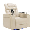 Home Theater Recliner with 270 Degree Swivel, PU Leather, Power Recliner with Tray Table, Phone Holder, Cup Holder, USB Port, White