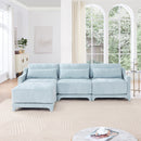Sky Blue Three-Seater Chenille Sofa with Movable Ottomans, High-Resilience Sponge, Easy Install