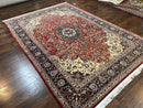 Fine Sino Persian Rug 7x10 ft, Floral Central Medallion Oriental Carpet, Red Navy Blue Cream, Hand Knotted Wool Traditional Vintage Rug