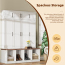 [Assembly Video Provided] Farmhouse Hall Tree with 4 Hidden Hanging Hooks, Versatile Walnut Seating Bench with 8 Doors, Entryway Shoe Cabinet with Open Compartments for Living Room, White