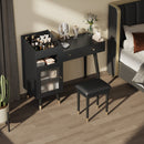 Modern Makeup Vanity Desk with Drawers, Cabinet & Charging Port, Black Engineered Wood, Space-saving Design for Small Places