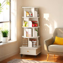 5 Tier Rotating Bookshelf with Wheels and Drawer, 360° Spinning Design, Space Saving Storage, for Home and Office, White MDF