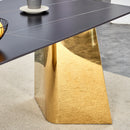 Table and chair set.63'x31.5x30'Black Texture With Lines Patterned Sintered Stone Table with Golden Stainless Steel Butterfly Legs.Paried With 4 Black High-quality PU Chairs With Golden Metal Legs.