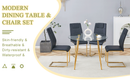 A modern minimalist style round transparent tempered glass table with gold metal legs, paired with 4 modern PU leather high-back dining chairs, bring a luxurious experience.