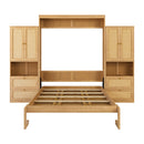 Full Size Solid Wood With Rattan Murphy Bed Cabinet Space-Saving Bed with 2 Side Cabinet Storage Shelves, Perfect for Guest Room, for Bed Room, Guest Room, Home Office, Natural