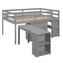Loft Low Study Bed With Cabinet, Shelves And Rolling Portable Desk, Multiple Functions