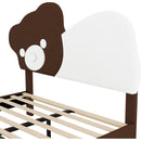 Full Size Upholstered Platform Bed with Bear Shaped Headboard, LED Light Strips, White + Brown