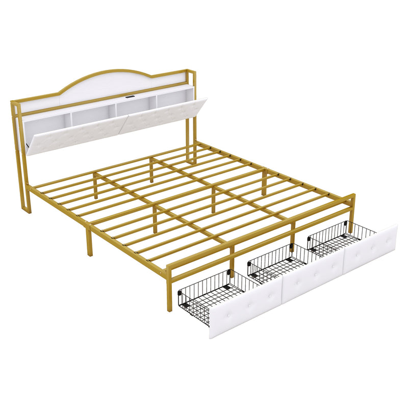 Metal Platform Bed With 3 drawers, Storage Headboard, King, Gold