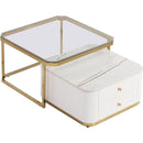 Modern 2 Pieces White Square Nesting Coffee Table with Drawers & Electroplated gold legs in 27.6"