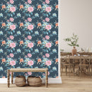 Blue Wallpaper with Pink Roses