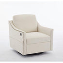 cream white fabric swivel rotating accent chair with USB and magazine book for living room and hotel bed room
