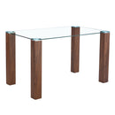 Table and chair set.A 49.6*30 Inch Transparent Tempered Glass Dining Table With Walnut Wood Grain MDF Legs.Paired With 4 Ergonomic Brown Technology Fabric Dining Chairs,Black Metal Legs.