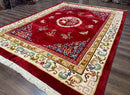 Indo Chinese Wool Rug 9x12, Red Art Deco Carpet, Vintage