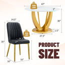 Table and chair set.Luxurious Snow Mountain White Slab Round Dining Table Set - 47'x47' with 4 Black PU Chairs with Simple Line Designs On The Backrest .Golden Metal Legs.