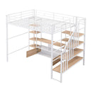 Full Size Metal Loft Bed with Staircase,Low Storage Table and Storage Shelves,White
