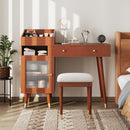 Modern Makeup Vanity Desk with Drawers, Cabinet & Charging Port, Space-saving Dressing Table Set with Stool for Small Places, Walnut