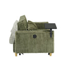 The pull-out and push-in green corduroy sofa with dual functions, equipped with a movable tabletop and USB ports, is suitable for use in living rooms and bedrooms.