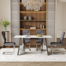 Table and chair set.63'x31.5x30' Luxurious Snow Mountain Patterned Sintered Stone Table with Silver Metal Butterfly Legs.Paried With 4 Dark Gray High-quality PU Chairs With Arched Metal Legs.