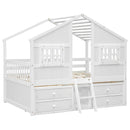 Full Size House Loft Bed with Roof, Windows,4 Storage Drawers,Pine Wooden Bed with Safety Guardrails,Ladder,White