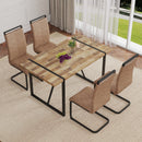 Table and chair set.A minimalist retro rectangular dining table with a textured top and black metal legs.Paired With 4 Brown technology fabric chairs with Featuring arched black legs.