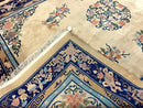 Chinese Wool Rug 8x11, Peking Asian Oriental Carpet, Cream/Ivory and Blue, Vintage Handmade Rug, Art Deco Rug