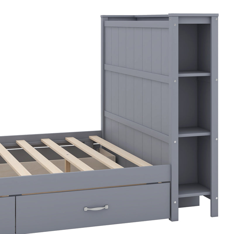 Full Size Platform Bed with Drawers and Storage Shelves, Gray