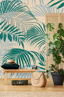 Stylish Beige Wallpaper with Green Leaves Fashionable